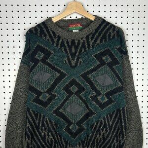 Oakton Knit Sweater Size Medium Aztec Western Green Brown Wool Blend Grandpa 90s